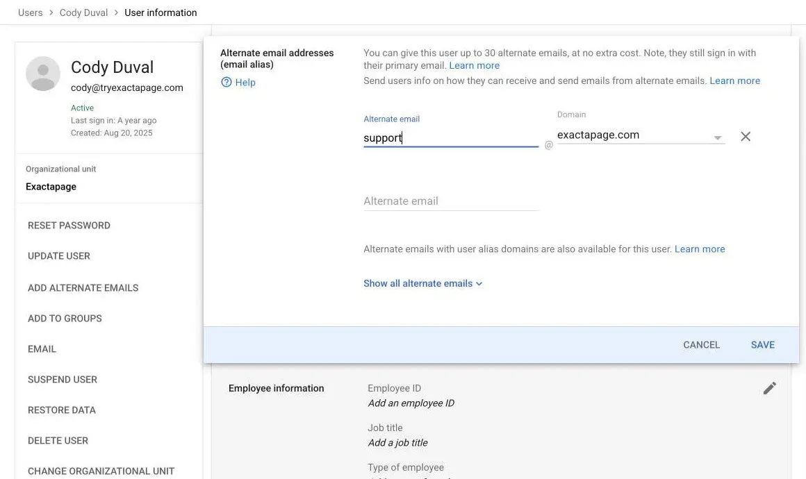 The Add Alternate Emails panel in the Google Admin console, open on a user, with an alias name entered and a domain selected