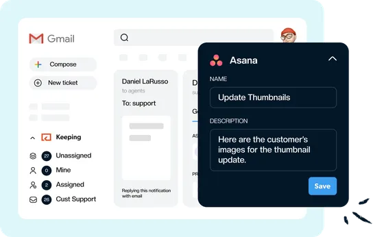 A new Asana task being created from a Keeping ticket, with its name and description filled in