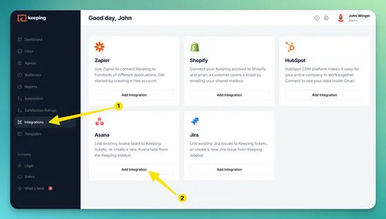 The Integrations page in Keeping, with arrows pointing to the Integrations menu item and the Add Integration button on the Asana card