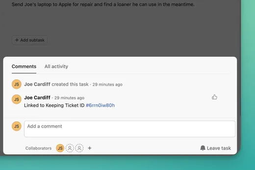 An Asana task with a comment reading “Linked to Keeping Ticket ID” followed by the ticket’s link