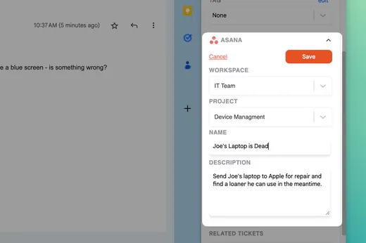 The Asana section of the Keeping sidebar beside a customer email, with Workspace, Project, Name and Description fields filled in for a new task