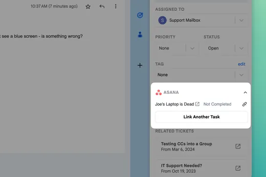 A customer email in Gmail with the Keeping sidebar showing a linked Asana task marked Not Completed and a Link Another Task button