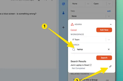 Searching an Asana workspace for “laptop” from the Keeping sidebar, with a matching task and its link icon in the results