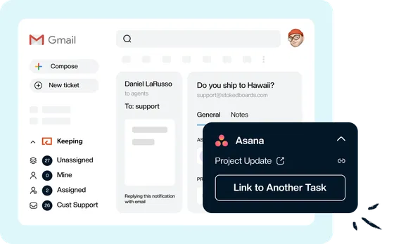 The Asana panel open beside a customer email in Gmail, with a Link to Another Task button