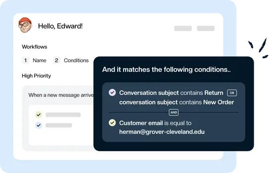 A Keeping workflow named High Priority with conditions on the conversation subject and the customer’s email address.