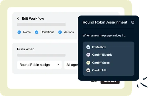 A Keeping workflow that round robin assigns new messages arriving in four shared mailboxes.