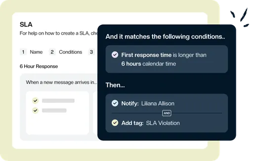 A Keeping SLA that notifies a teammate and adds a tag when first response time passes six hours.