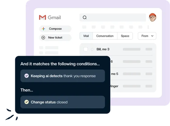 A Keeping workflow in Gmail that closes a conversation when Keeping AI detects a thank you response.