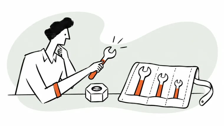 A person choosing a wrench from an open tool roll to fit a large nut, drawn in black ink with sage and orange accents.