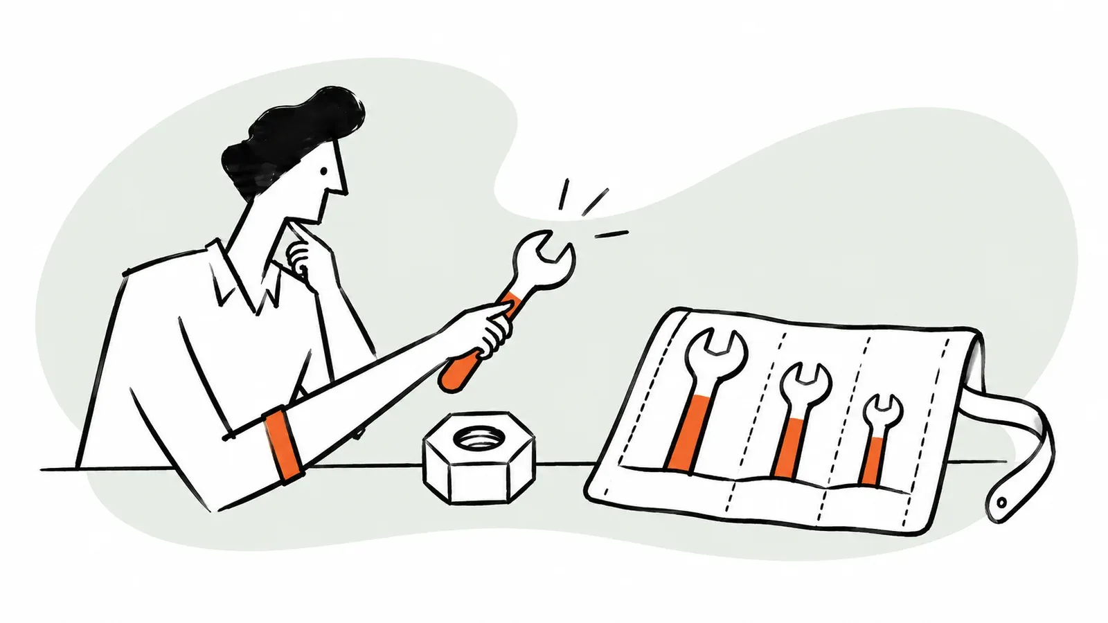 A person choosing a wrench from an open tool roll to fit a large nut, drawn in black ink with sage and orange accents.
