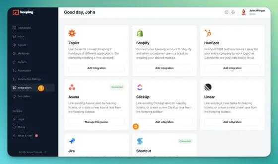 The Integrations page in Keeping, with numbered markers on the Integrations menu item and the ClickUp card