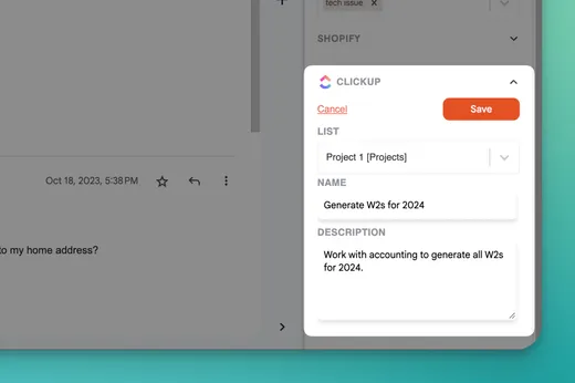 The ClickUp section of the Keeping sidebar with List, Name and Description fields filled in for a new task
