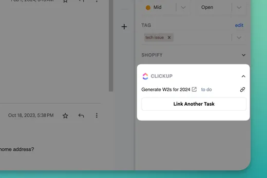 The Keeping sidebar showing a linked ClickUp task, Generate W2s for 2024, with status to do and a Link Another Task button