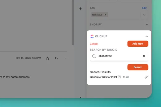 Searching ClickUp by task ID from the Keeping sidebar, with the matching task and its link icon in the results