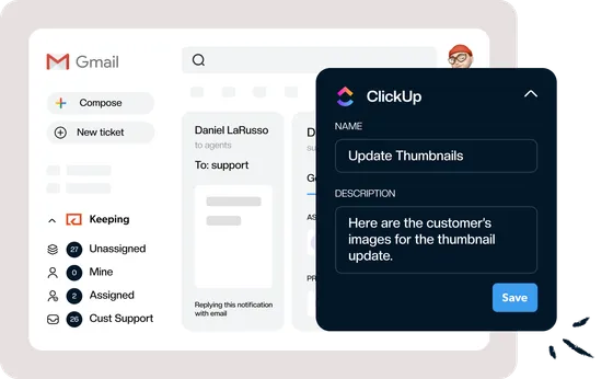 A new ClickUp task being created from a Keeping ticket, with its name and description filled in