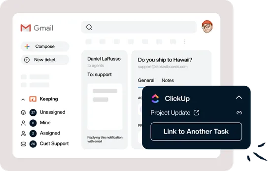 The ClickUp panel open beside a customer email in Gmail, with a Link to Another Task button