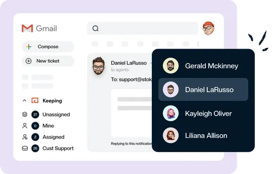 Assigning a support email to a teammate from the Gmail thread