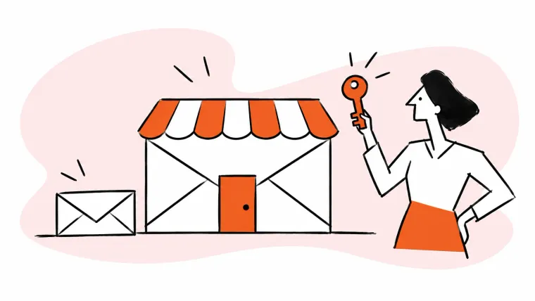 A business envelope forms a small storefront beside a personal envelope and key.