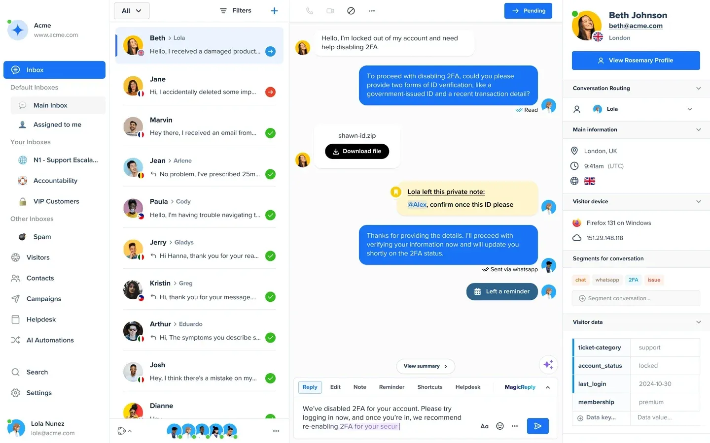 Crisp shared inbox with customer messages, a private teammate note, reply editor, and contact details.