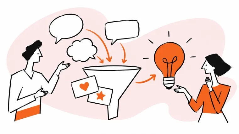 Customer feedback flows through a funnel into a useful insight.