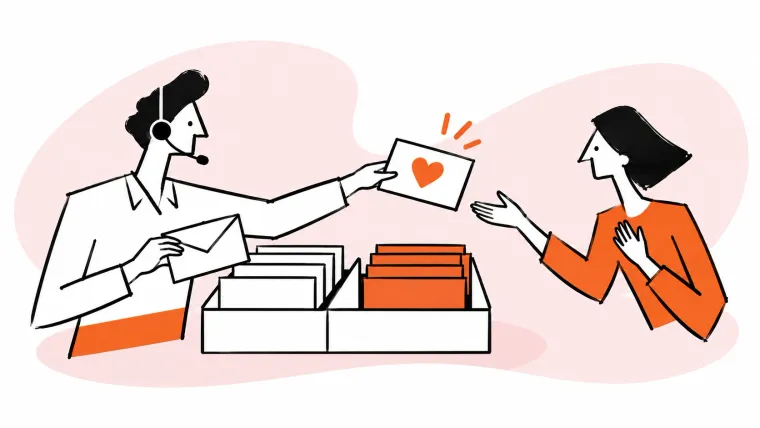 A support agent selects mail from a sorting rack and hands a heart-marked response to a customer.