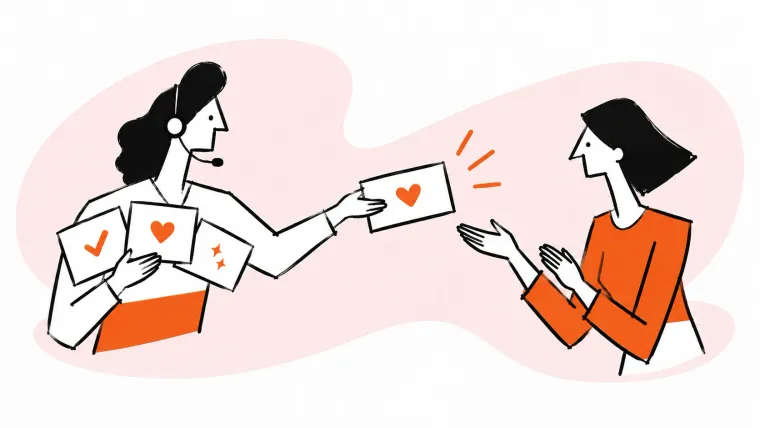 A support agent selects a reusable reply card and hands a heart-marked response to a customer.