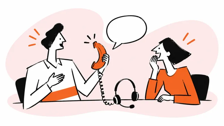 Two support colleagues laugh over an orange banana-shaped telephone receiver beside a headset.