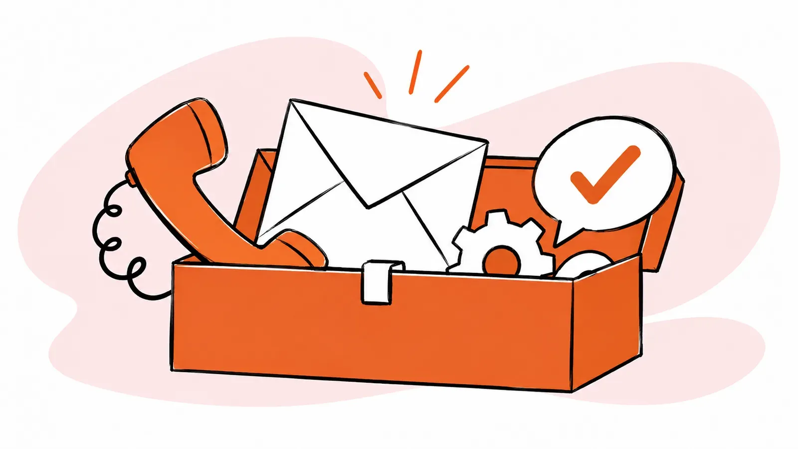 A hand-drawn orange toolbox holds an envelope, telephone, gear, and checked speech bubble against broad blush shapes.