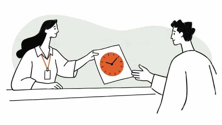 A support agent hands a customer a single sheet across a counter; the only thing on the sheet is a large orange clock face.