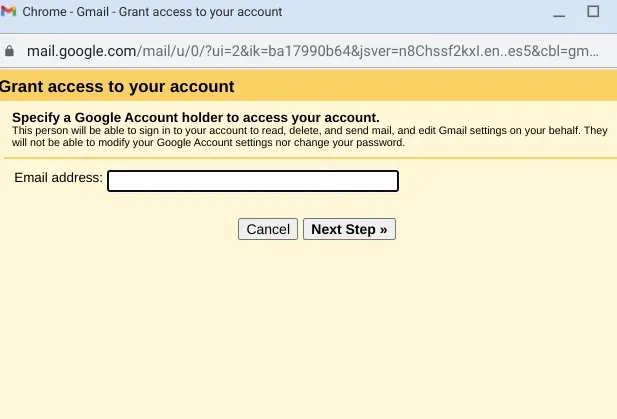 Gmail’s delegation dialog asks for the email address of the person receiving access.