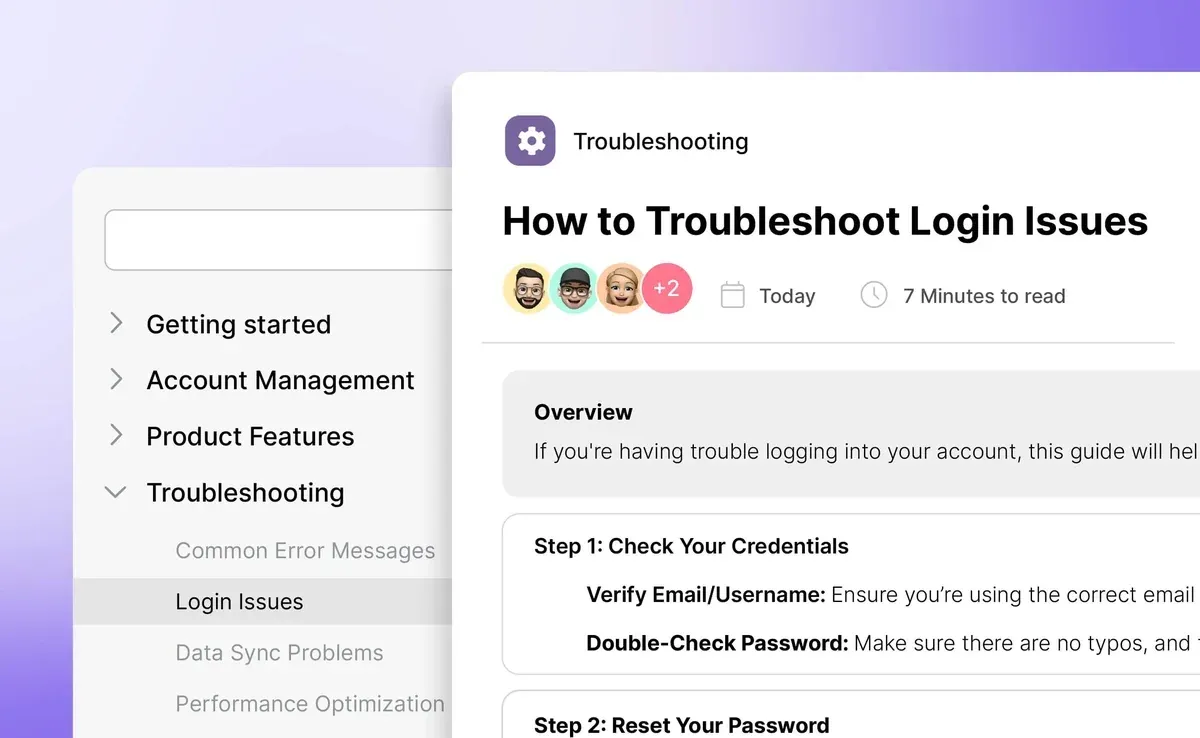 Document360 knowledge base with a category sidebar and a published article about troubleshooting login issues.