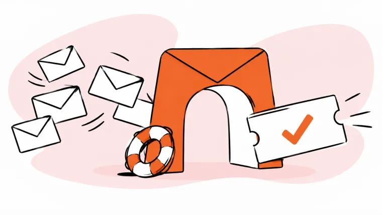 Incoming envelopes pass through an envelope-shaped arch toward a resolved ticket beside a lifebuoy.
