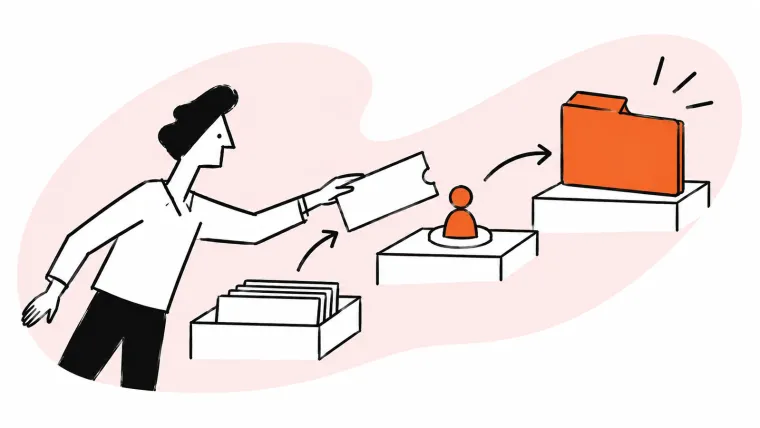 A person routes a blank ticket from an incoming tray through an ownership marker to an orange folder.