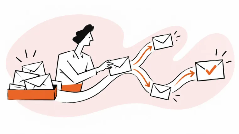 A teammate routes incoming envelopes along a branching path toward a completed reply.