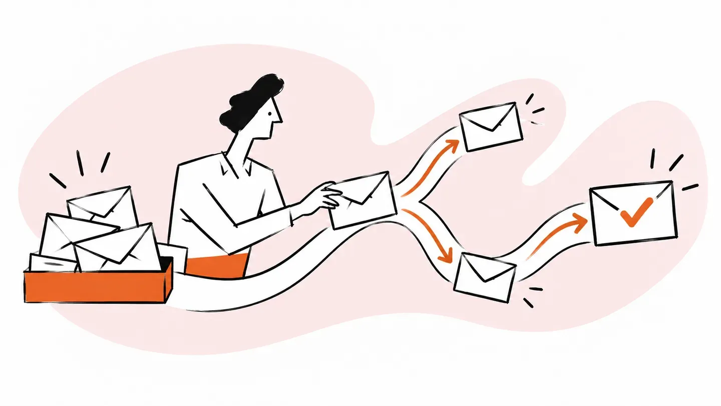 A teammate routes incoming envelopes along a branching path toward a completed reply.