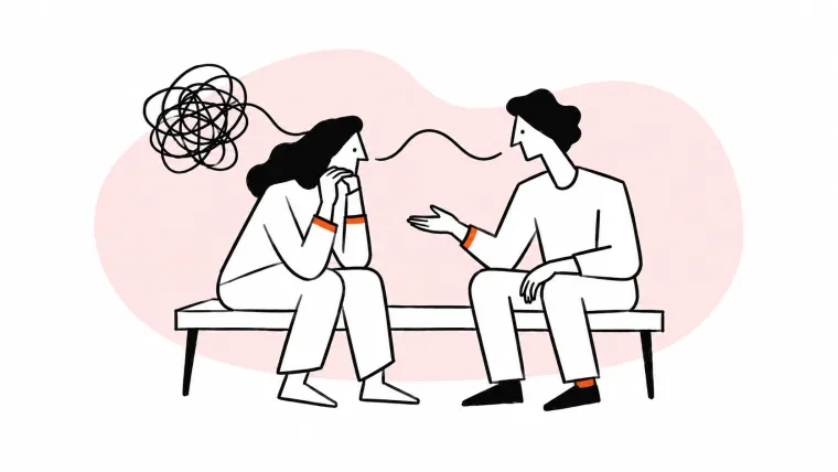 Two people sit together as one listens attentively and a tangled line becomes a calm curve.