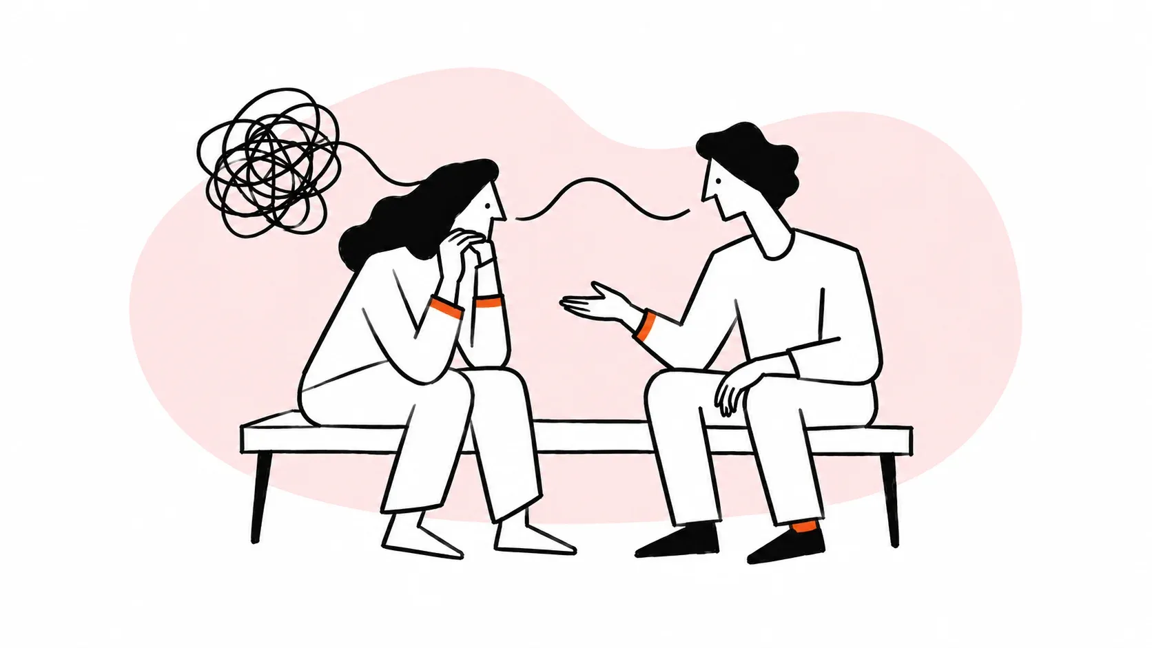 Two people sit together as one listens attentively and a tangled line becomes a calm curve.
