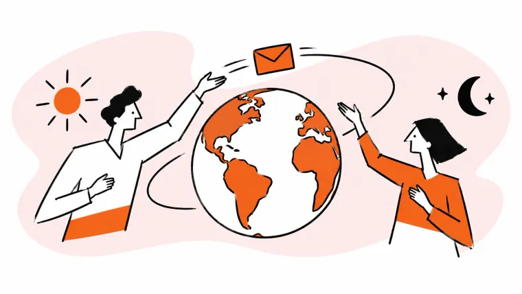 Support agents hand off a customer message across day and night.