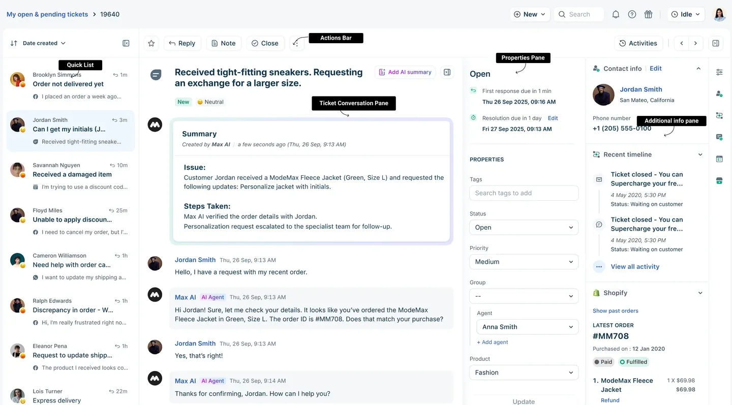 Freshdesk ticket details showing a customer conversation, ticket summary, properties, and contact information.