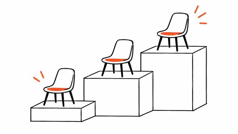 Three empty chairs with orange seats on ascending steps, illustrating higher costs across pricing tiers.