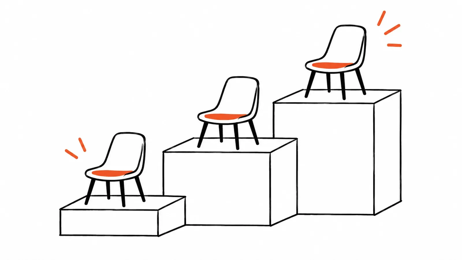 Three empty chairs with orange seats on ascending steps, illustrating higher costs across pricing tiers.