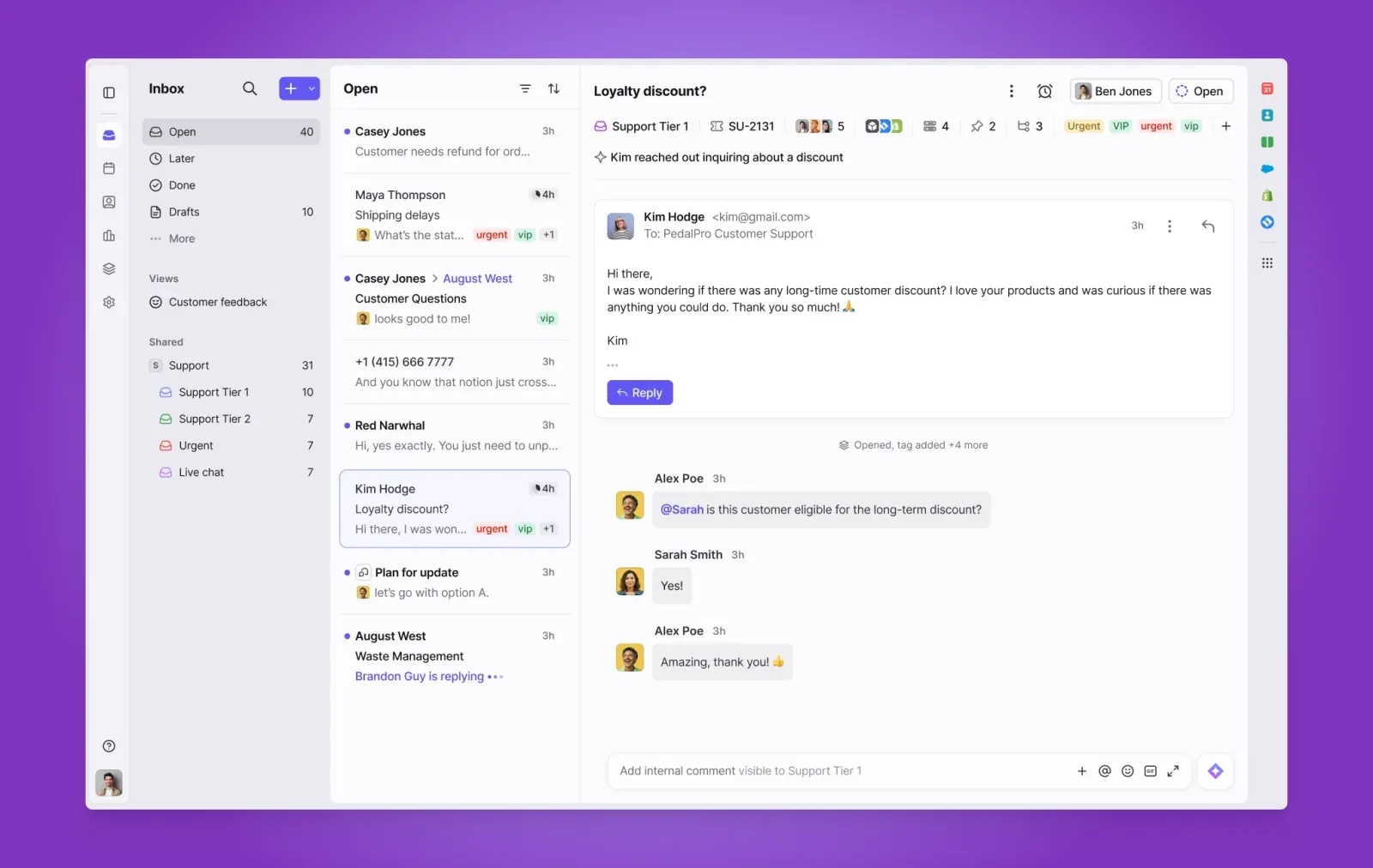 Front’s inbox showing a customer email with an assignee, the status Open, and internal comments between teammates below the message