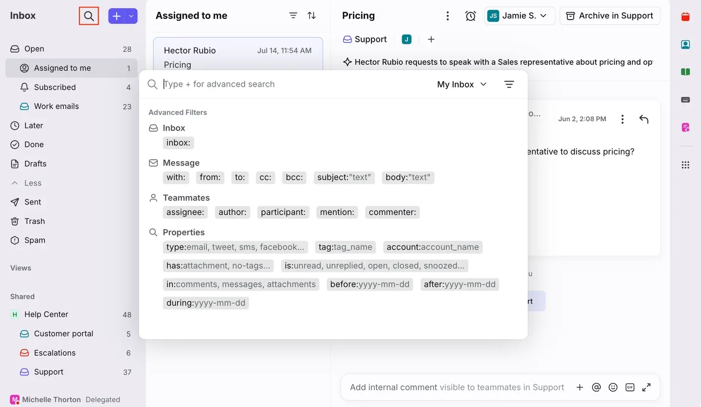 Front shared inbox with an assigned customer conversation and advanced search filters.