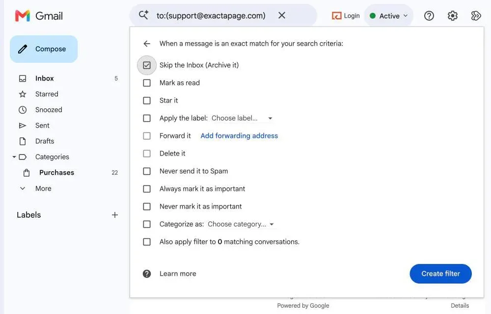 Gmail’s filter options for mail sent to an alias, with Skip the Inbox checked and Forward it shown beside an Add forwarding address link