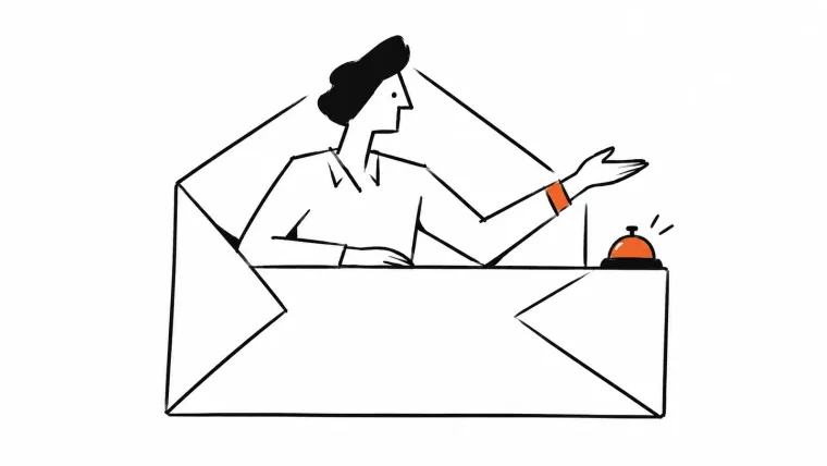 A support agent offers help from a counter shaped like an open envelope.