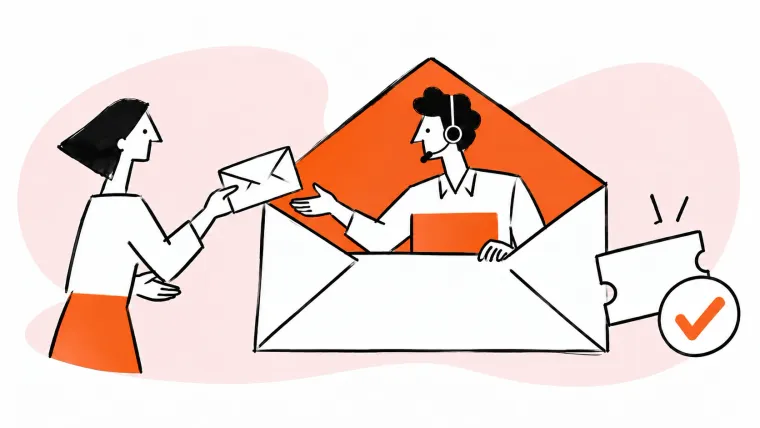 A support agent helps a customer from behind an oversized envelope, beside a blank ticket and checkmark.