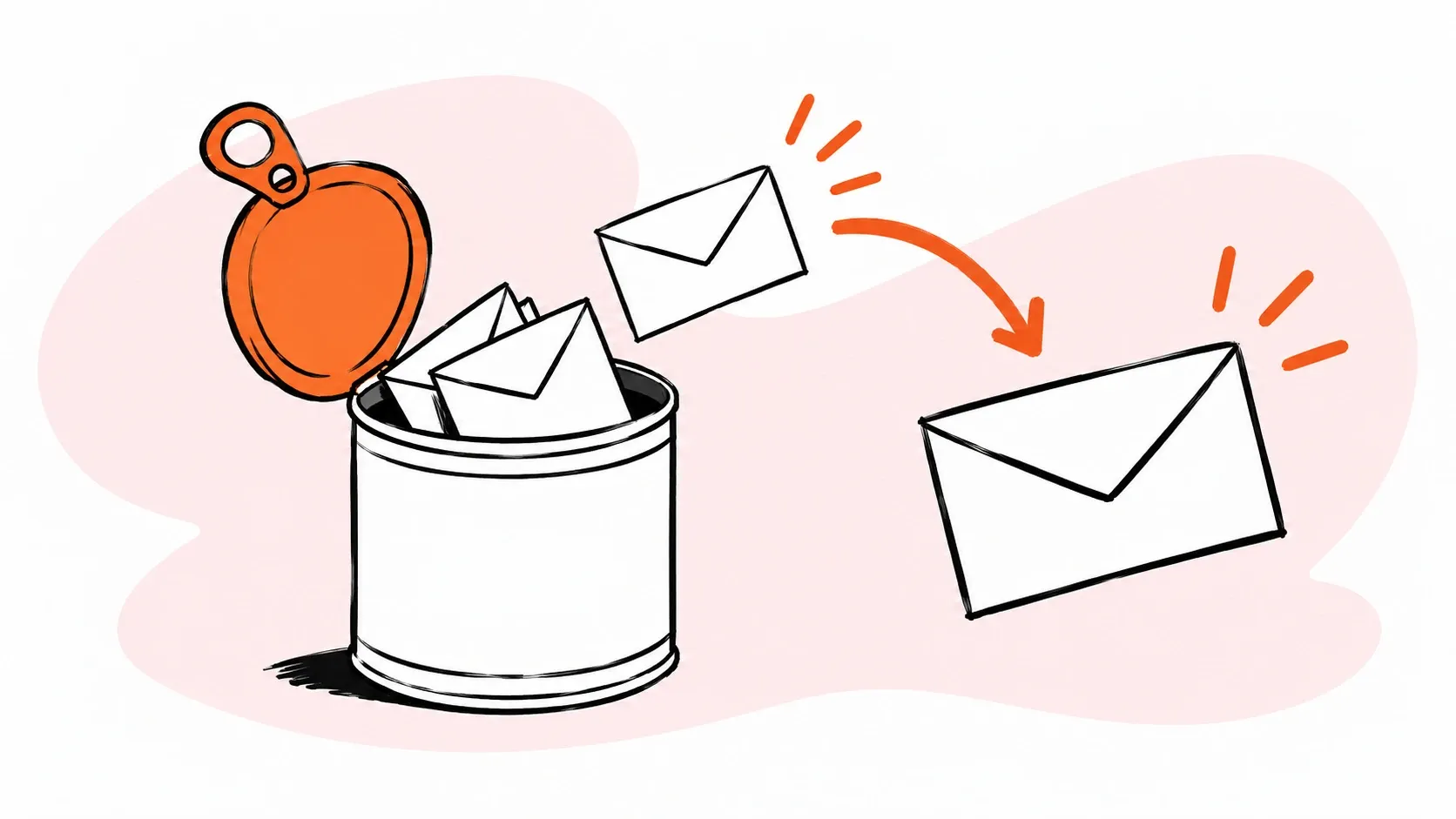 Reusable email replies emerge from an open tin can and follow an arrow toward an outgoing envelope.
