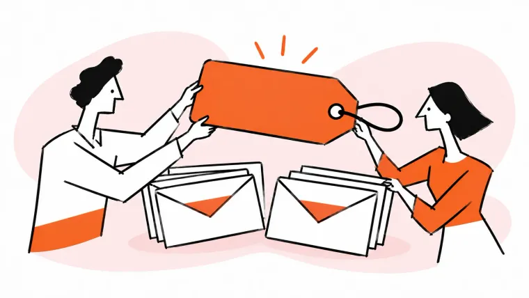 Two teammates hold one orange tag above their separate bundles of email.