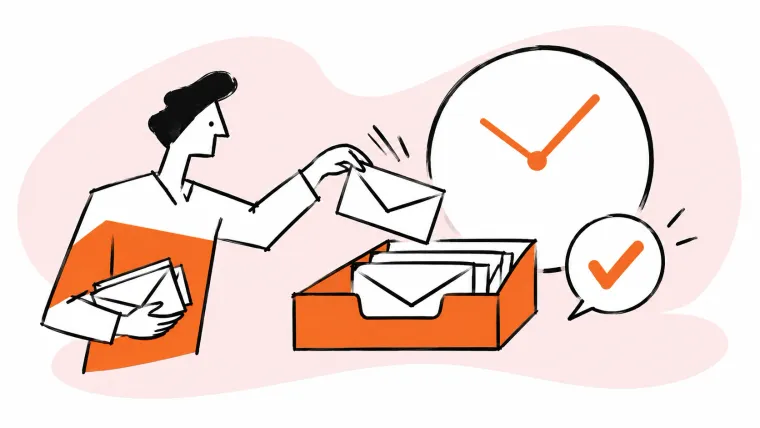A person sorts envelopes into an orange inbox tray beside a large clock and checkmark.