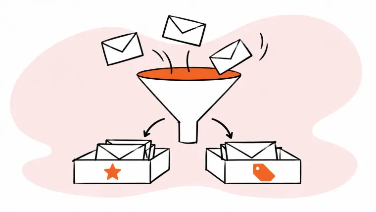 A funnel sorts incoming envelopes into trays marked with a star and tag.